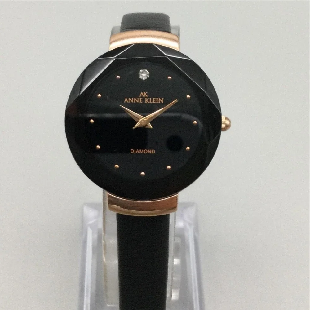 Anne Klein Womens Watch 29mm Black Diamond Dial Black Leather New Battery